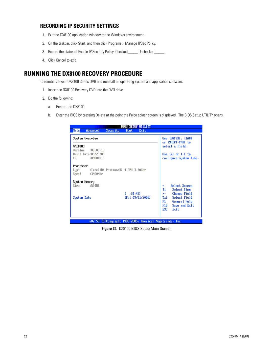 Pelco dx8100 manual Running the DX8100 Recovery Procedure, Recording IP Security Settings 