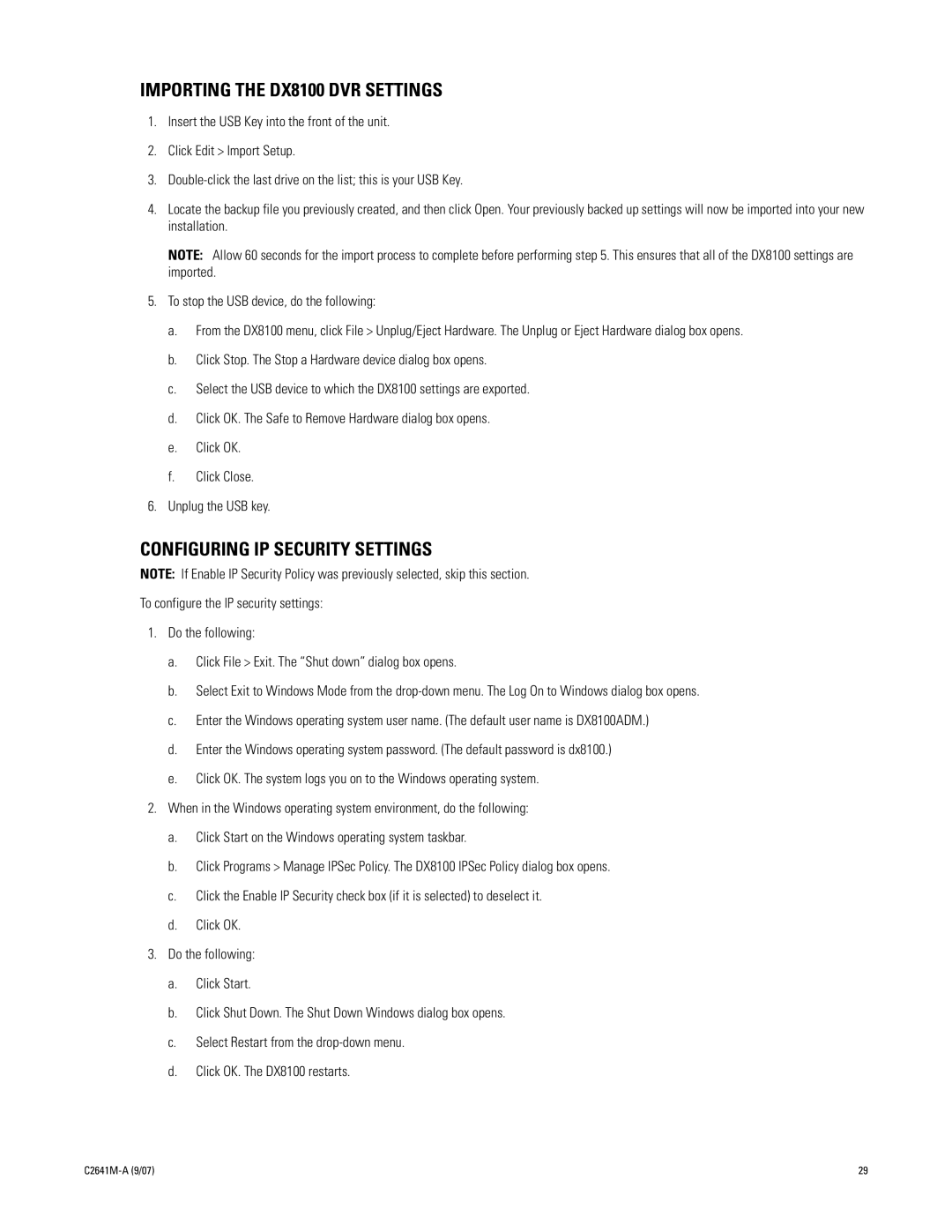 Pelco dx8100 manual Importing the DX8100 DVR Settings, Configuring IP Security Settings 