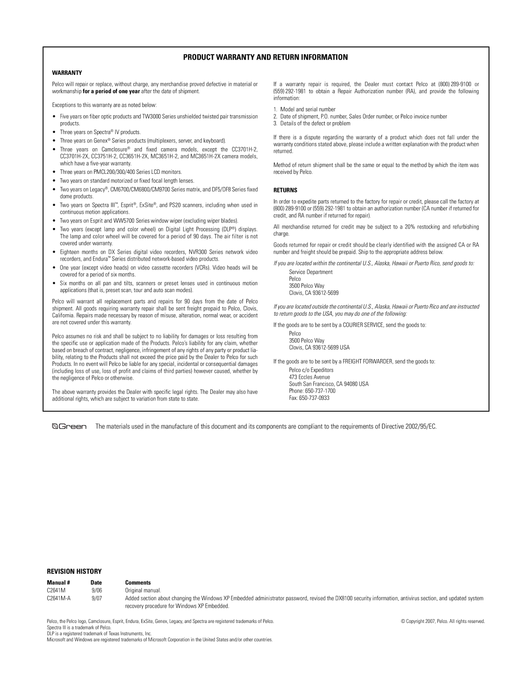 Pelco dx8100 manual Product Warranty and Return Information 