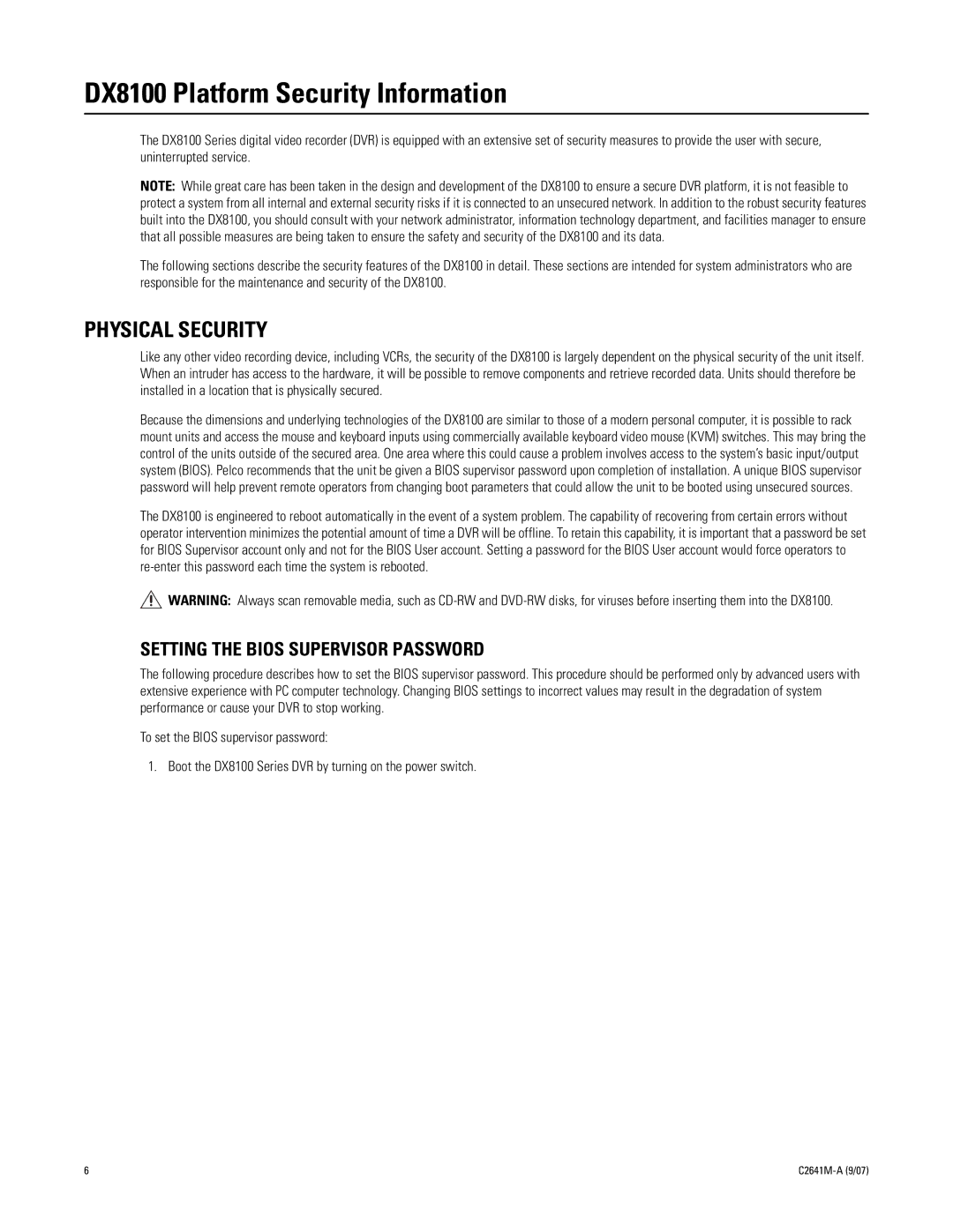 Pelco dx8100 manual Physical Security, Setting the Bios Supervisor Password 