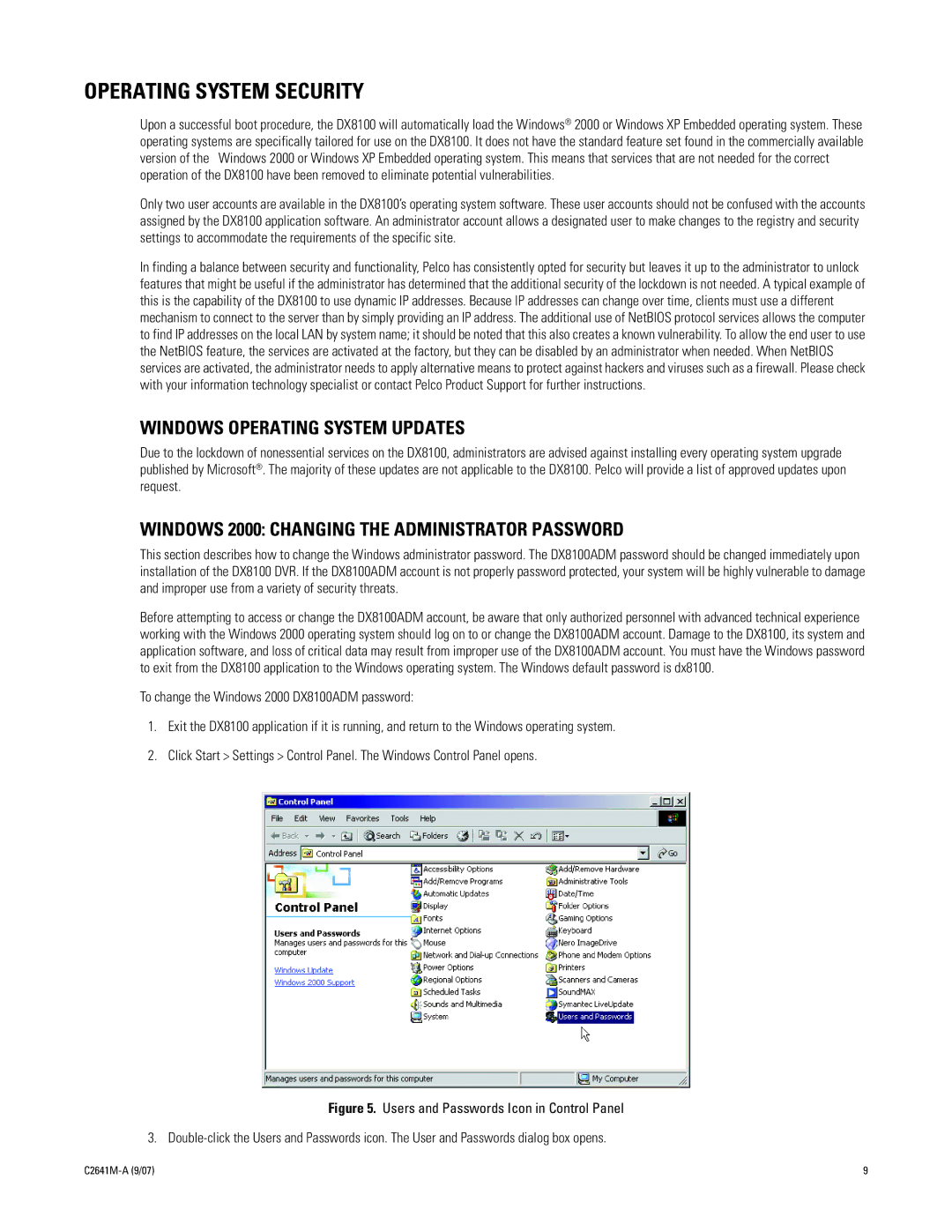 Pelco dx8100 Operating System Security, Windows Operating System Updates, Windows 2000 Changing the Administrator Password 