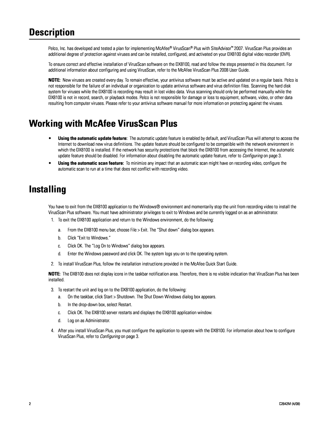 Pelco dx8100 installation instructions Description, Working with McAfee VirusScan Plus, Installing 