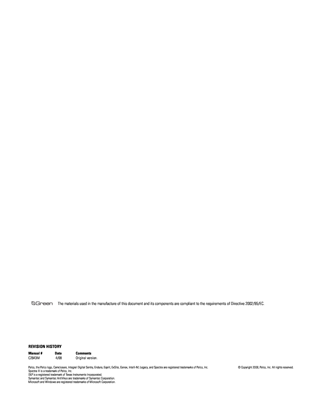 Pelco dx8100 installation instructions Revision History, Manual #, Date, Comments, C2643M, 4/08 