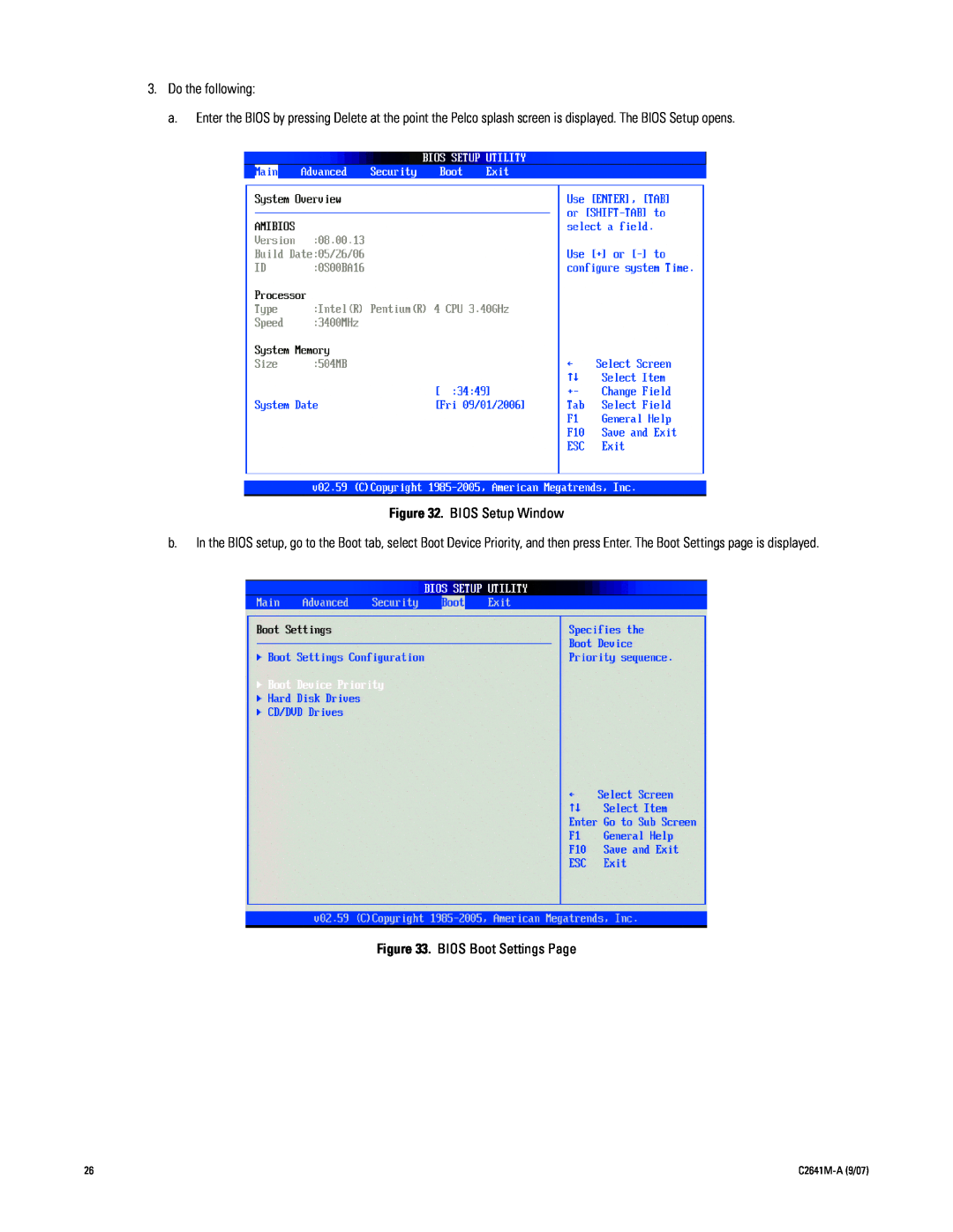 Pelco dx8100 manual Do the following, BIOS Setup Window, BIOS Boot Settings Page, C2641M-A9/07 