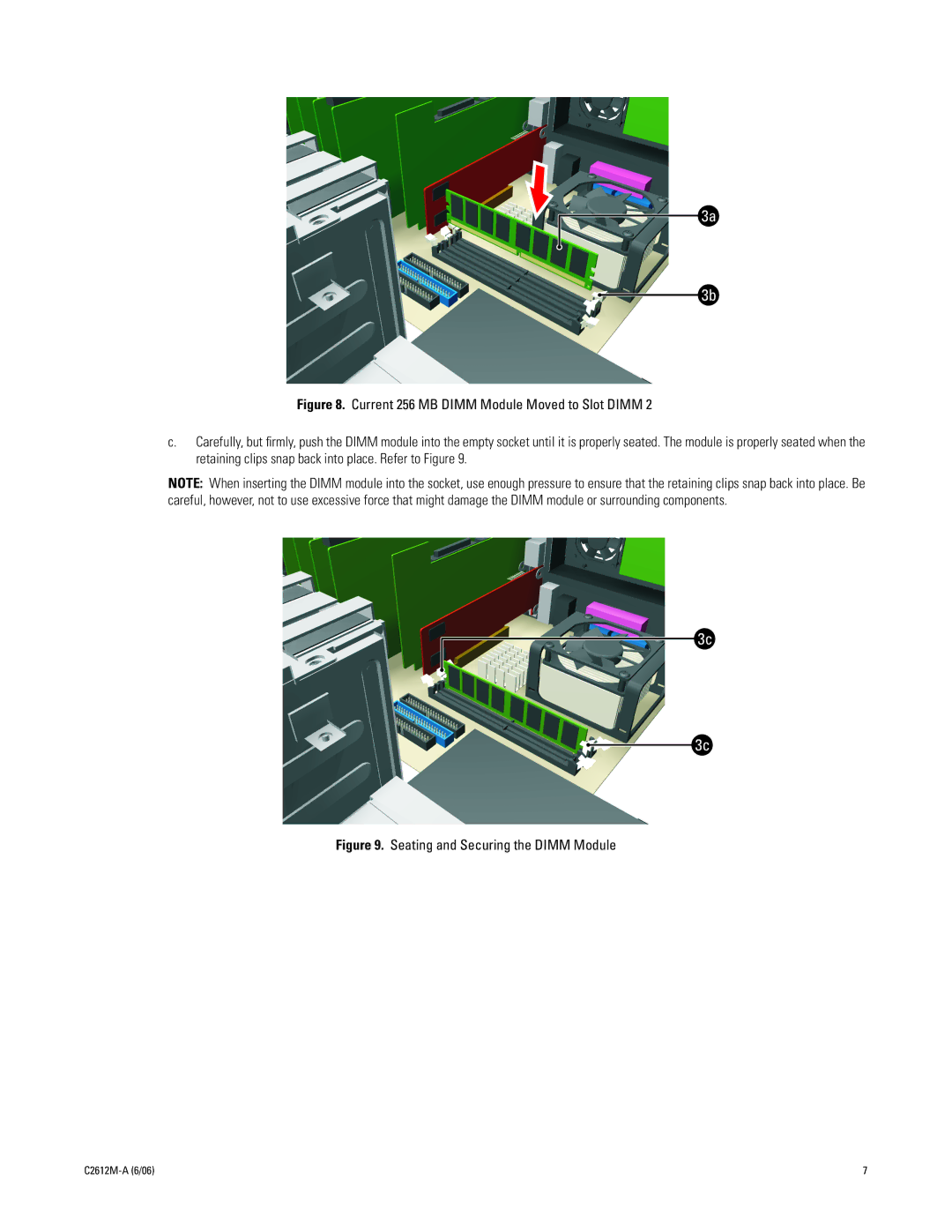 Pelco DX8UP-512MBRAM installation manual Seating and Securing the Dimm Module 