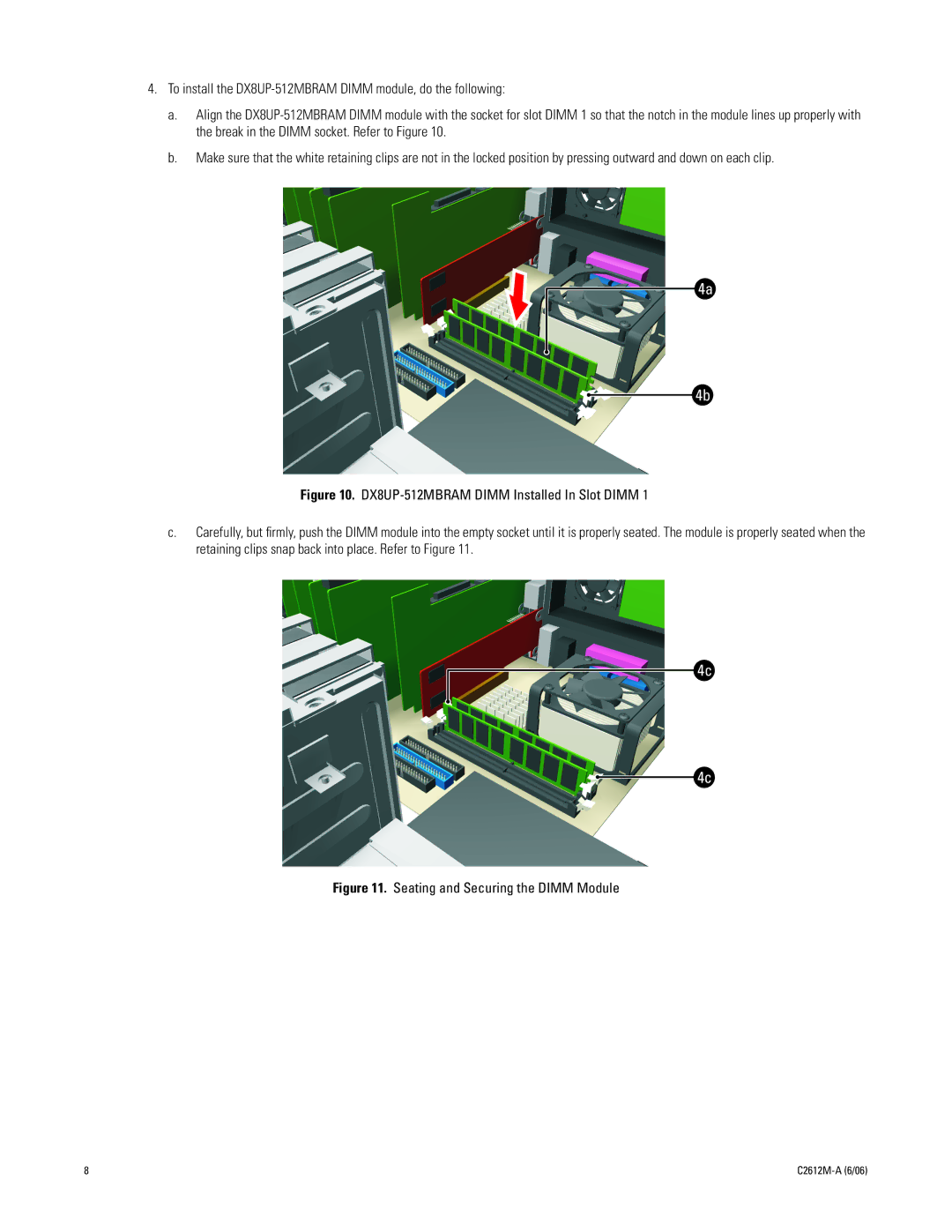 Pelco DX8UP-512MBRAM installation manual Seating and Securing the Dimm Module 