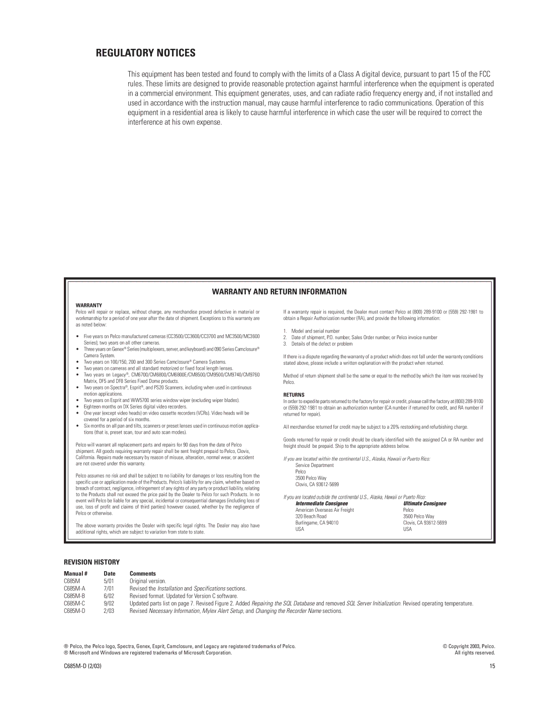 Pelco DX9000H-C SERIES manual Regulatory Notices, Warranty and Return Information 