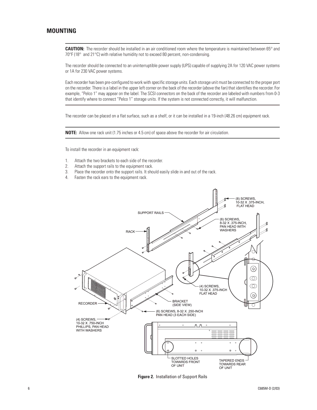 Pelco DX9000H-C SERIES manual Mounting, Installation of Support Rails 