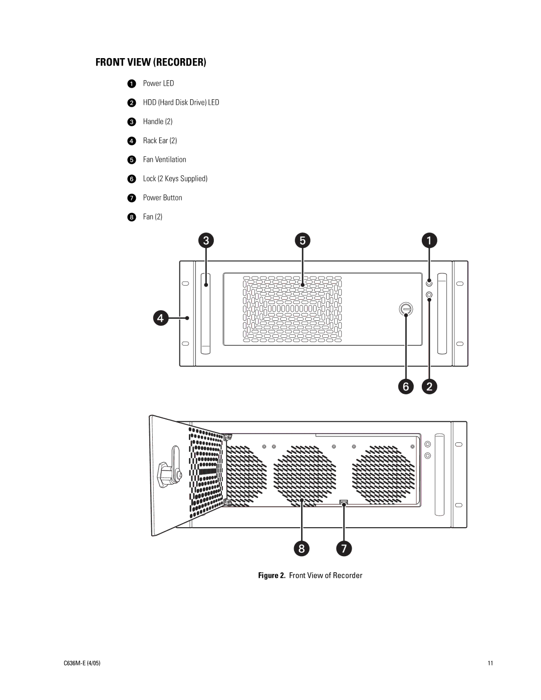 Pelco DX9100 installation manual Front View Recorder, Front View of Recorder 