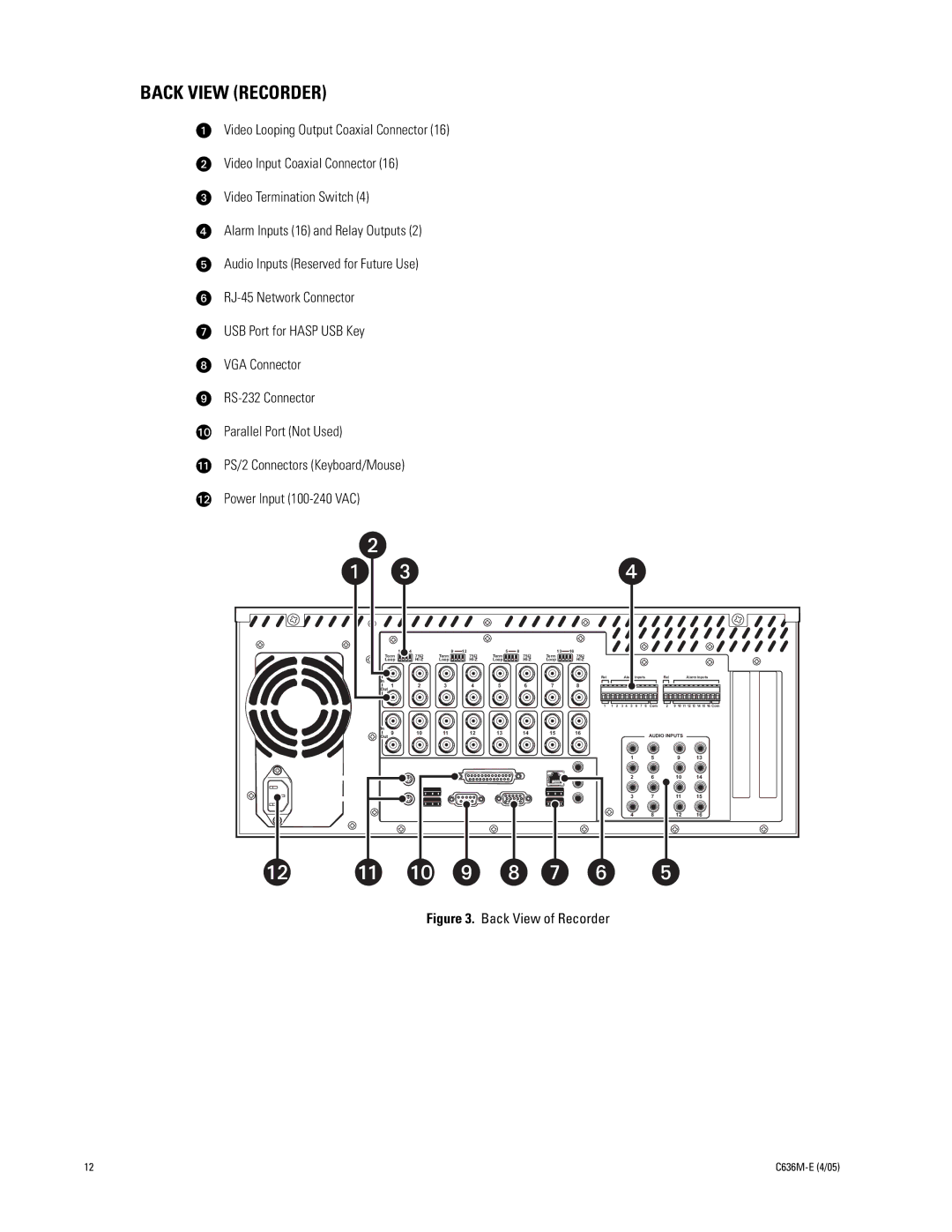 Pelco DX9100 installation manual Back View Recorder, Back View of Recorder 