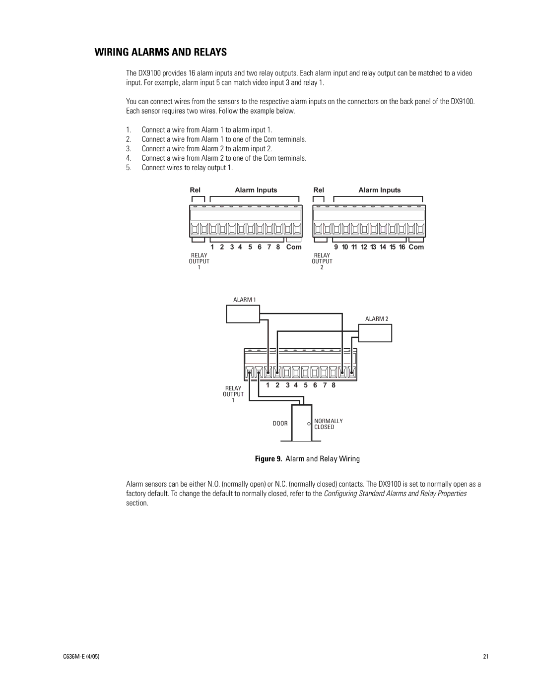 Pelco DX9100 installation manual Wiring Alarms and Relays, 3 4 5 6 7 8 Com 