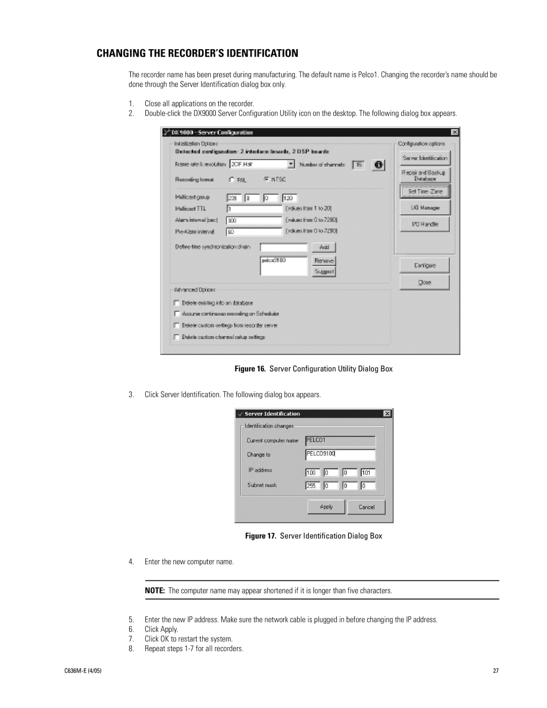 Pelco DX9100 installation manual Changing the RECORDER’S Identification 