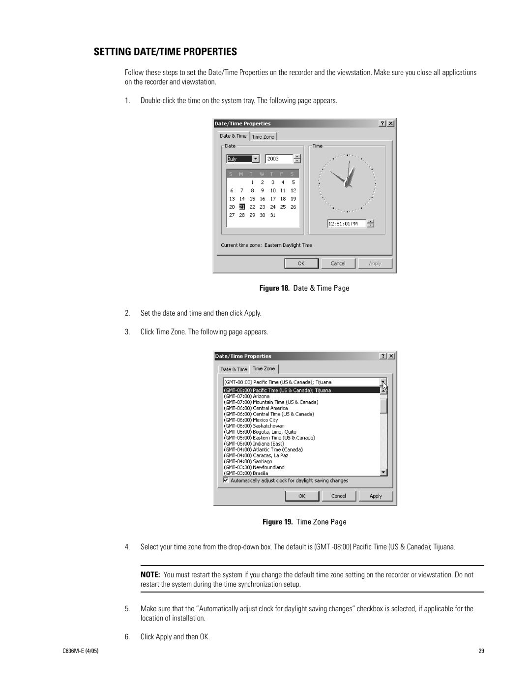 Pelco DX9100 installation manual Setting DATE/TIME Properties, Time Zone 