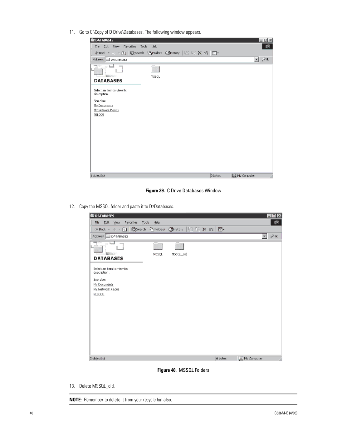 Pelco DX9100 installation manual Mssql Folders Delete MSSQLold 