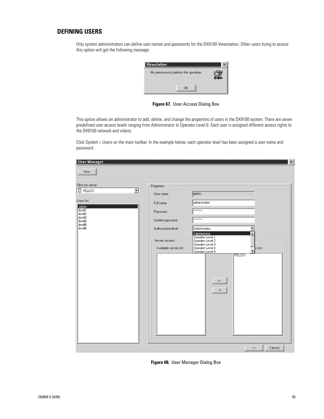 Pelco DX9100 installation manual Defining Users, User Manager Dialog Box 