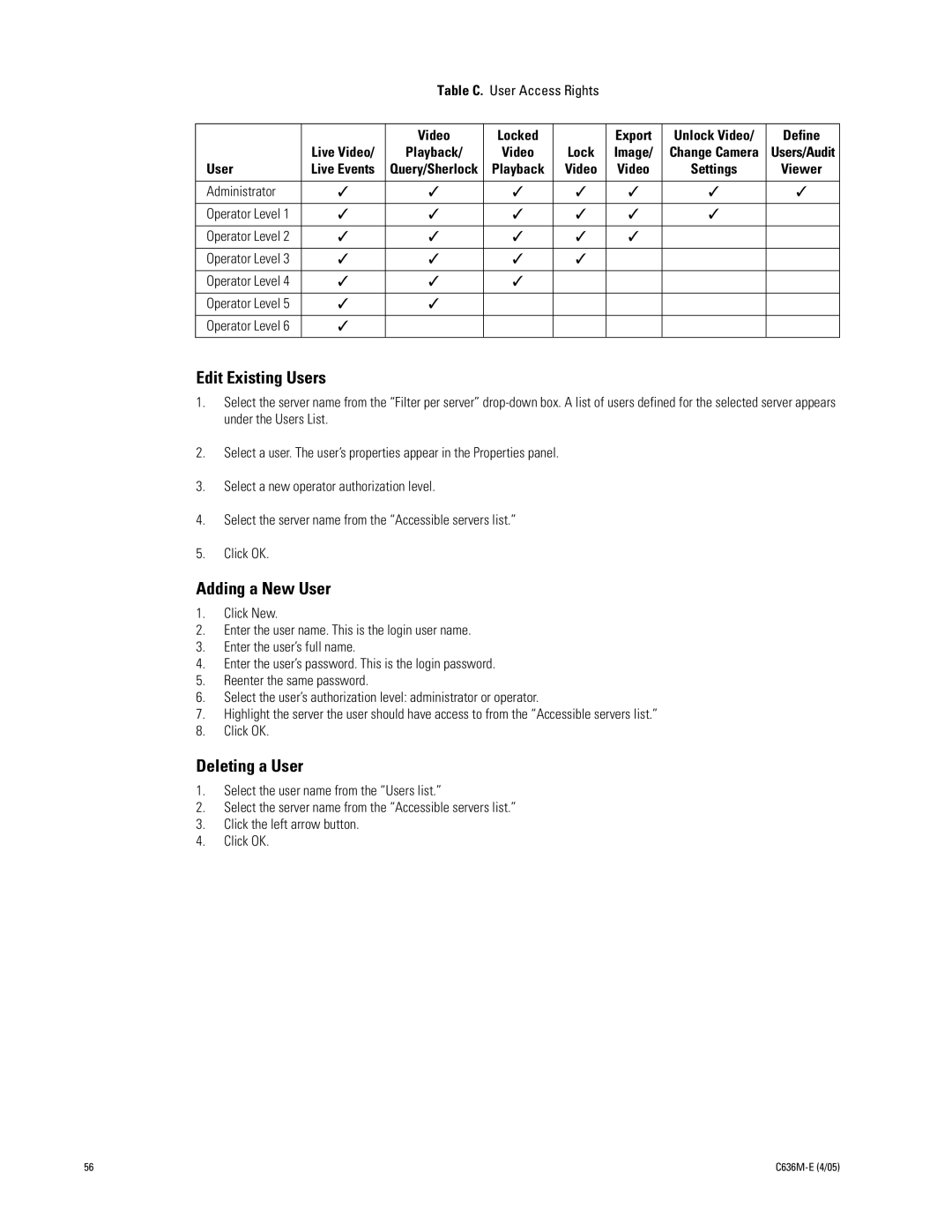 Pelco DX9100 installation manual Edit Existing Users 