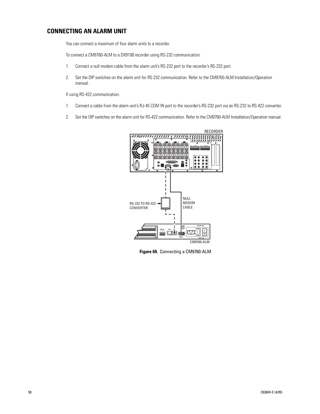 Pelco DX9100 installation manual Connecting AN Alarm Unit, Recorder 