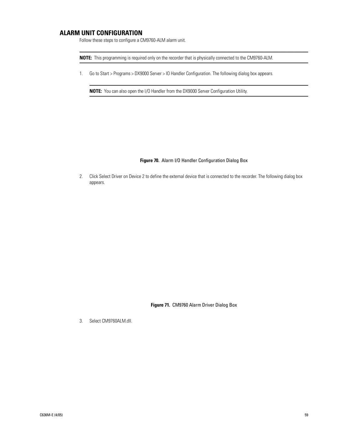 Pelco DX9100 installation manual Alarm Unit Configuration, CM9760 Alarm Driver Dialog Box Select CM9760ALM.dll 