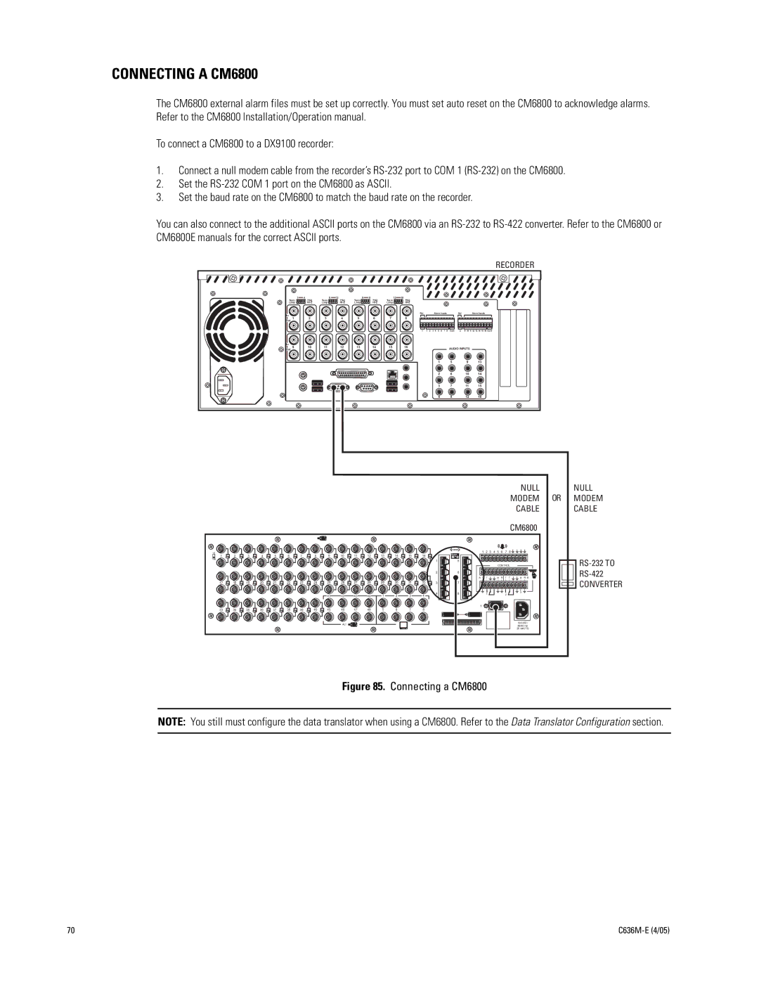 Pelco DX9100 installation manual Connecting a CM6800, Recorder 