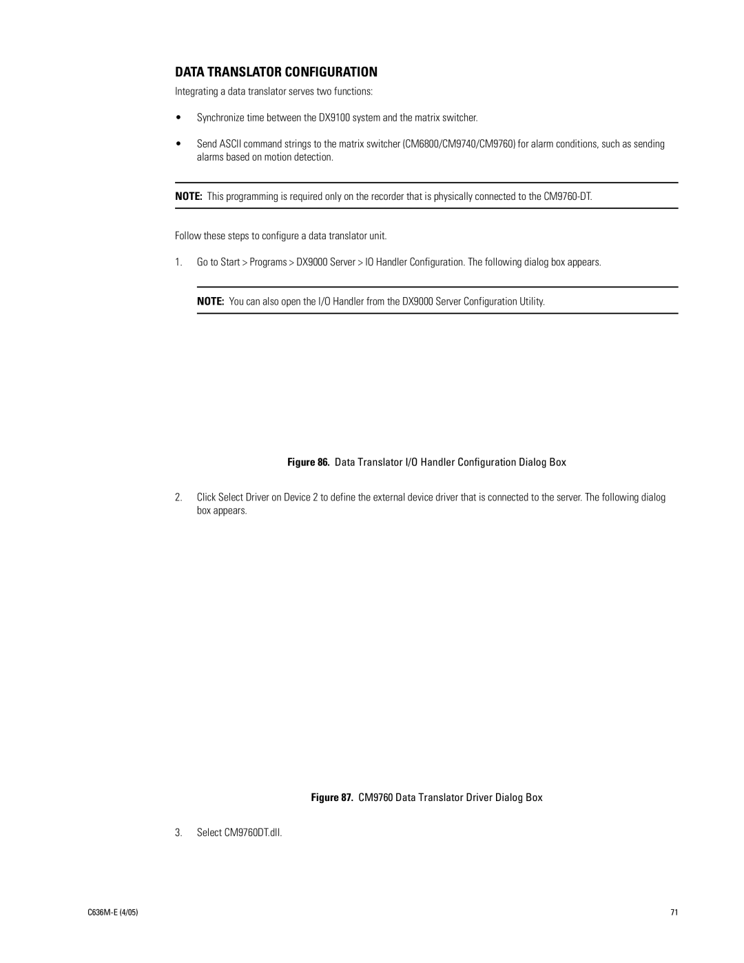 Pelco DX9100 Data Translator Configuration, CM9760 Data Translator Driver Dialog Box Select CM9760DT.dll 