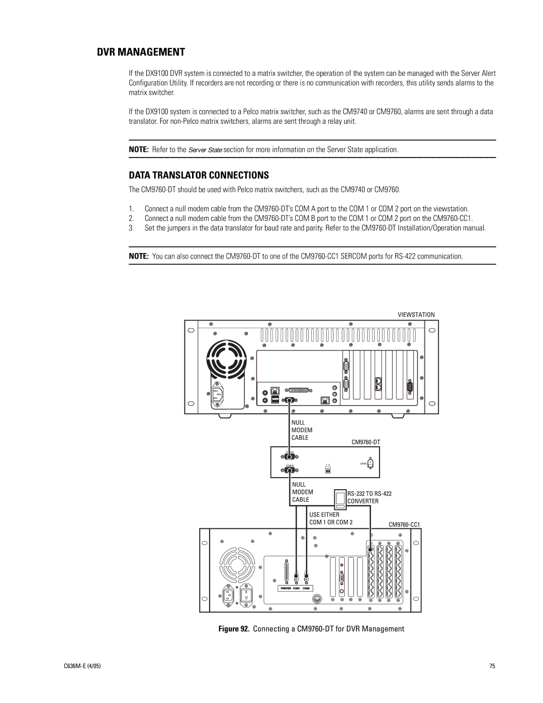 Pelco DX9100 installation manual DVR Management, Data Translator Connections 