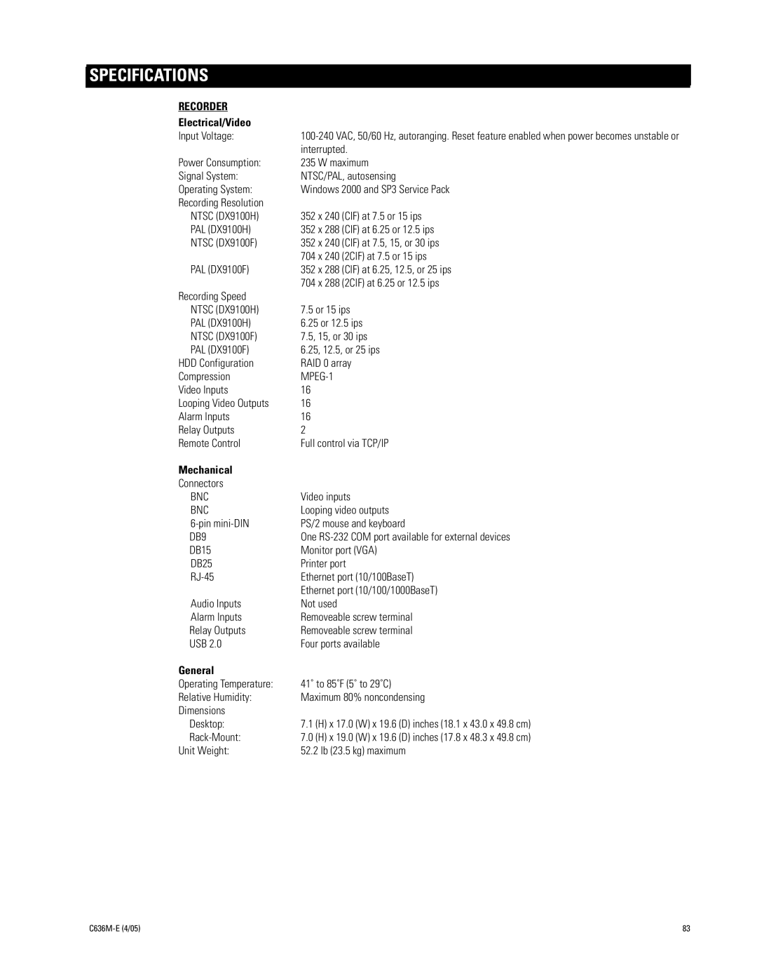 Pelco DX9100 installation manual Specifications 