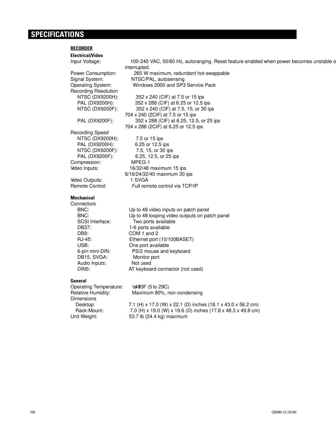 Pelco DX9100 installation manual Specifications 