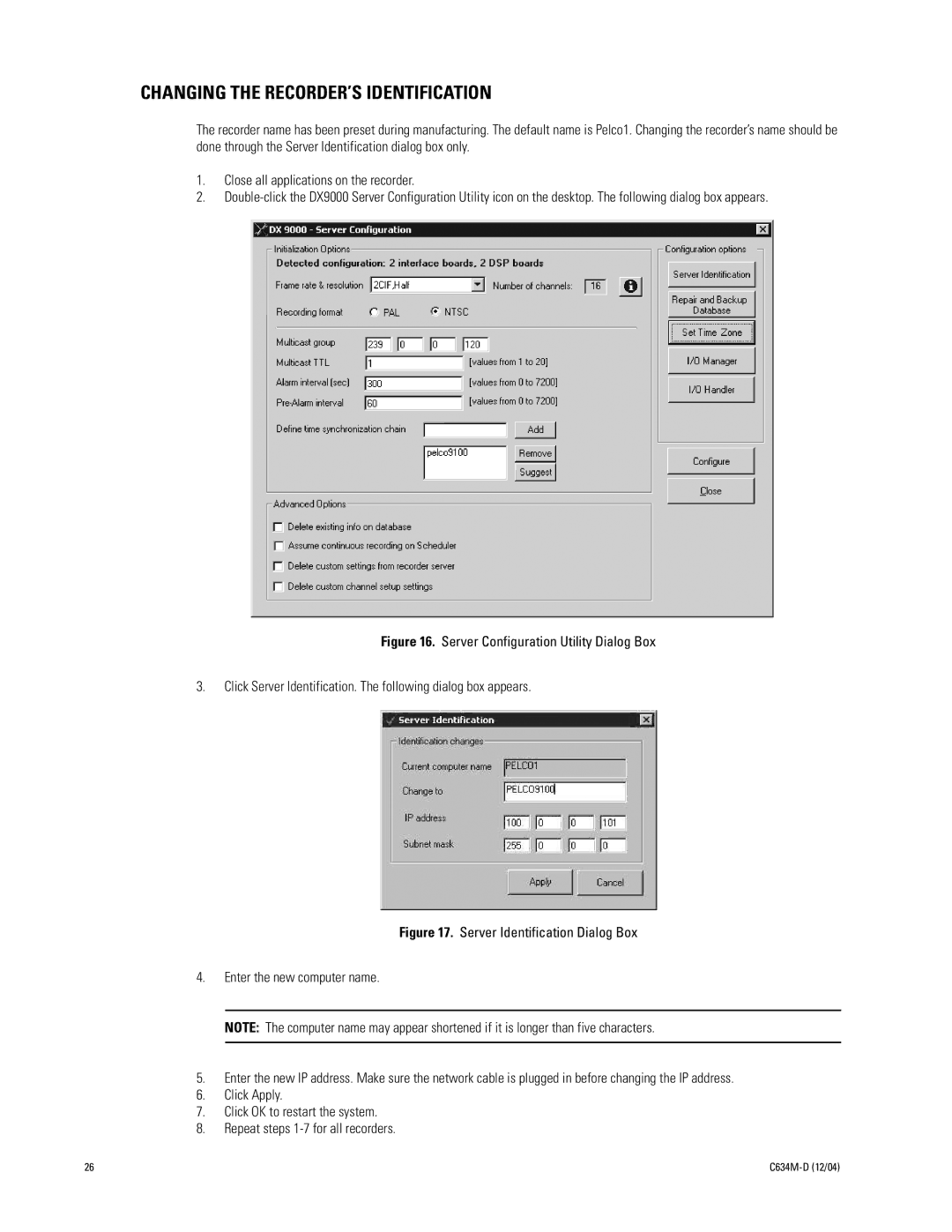 Pelco DX9100 installation manual Changing the RECORDER’S Identification 