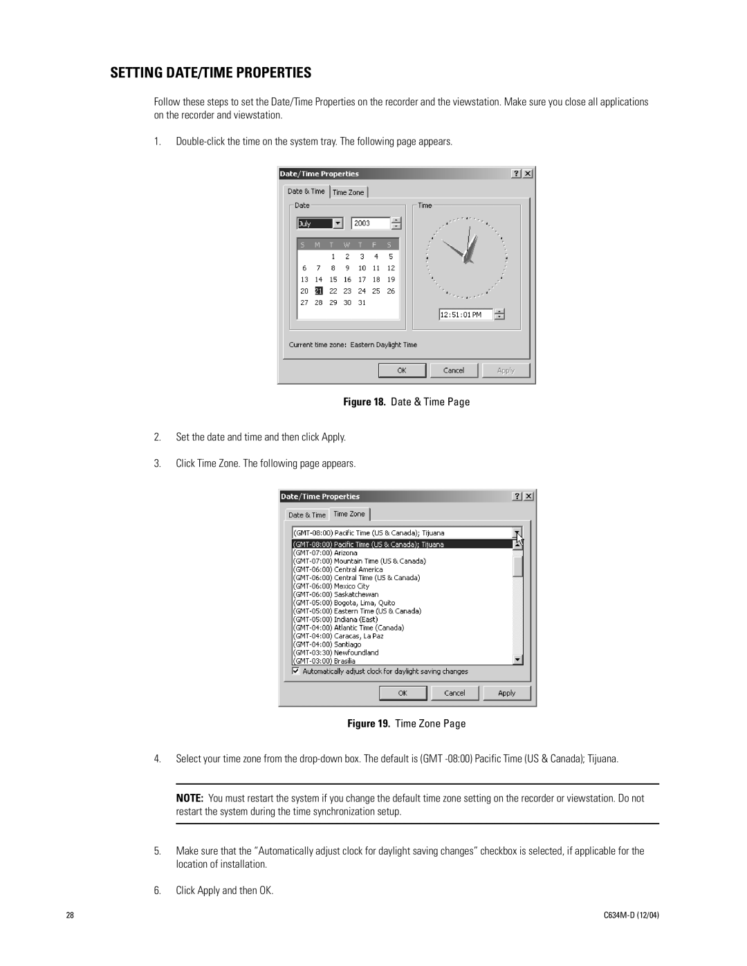 Pelco DX9100 installation manual Setting DATE/TIME Properties 