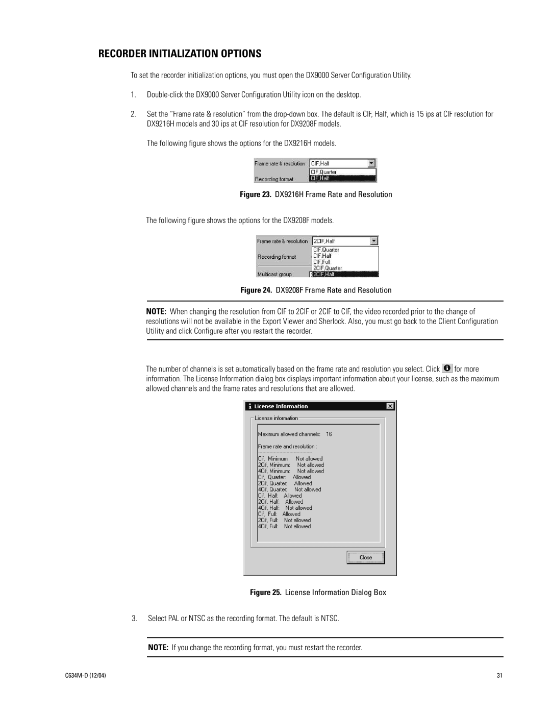 Pelco DX9100 installation manual Recorder Initialization Options, DX9208F Frame Rate and Resolution 