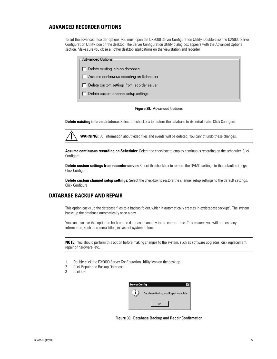 Pelco DX9100 installation manual Advanced Recorder Options, Database Backup and Repair 