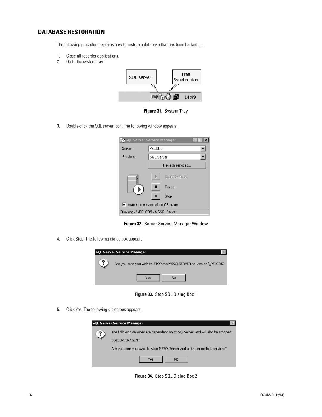 Pelco DX9100 installation manual Database Restoration, System Tray 