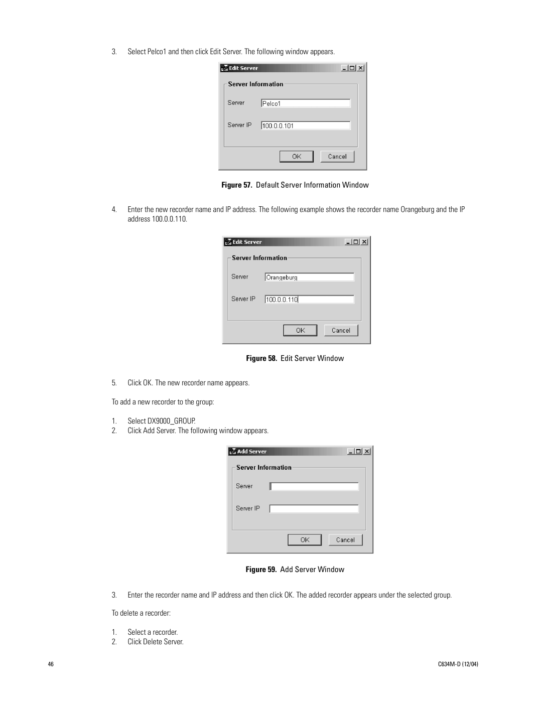 Pelco DX9100 installation manual Edit Server Window 