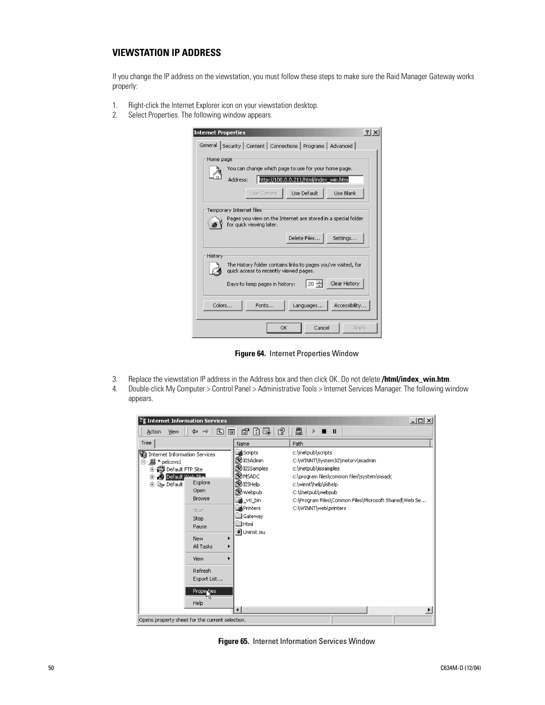 Pelco DX9100 installation manual Viewstation IP Address, Internet Information Services Window 