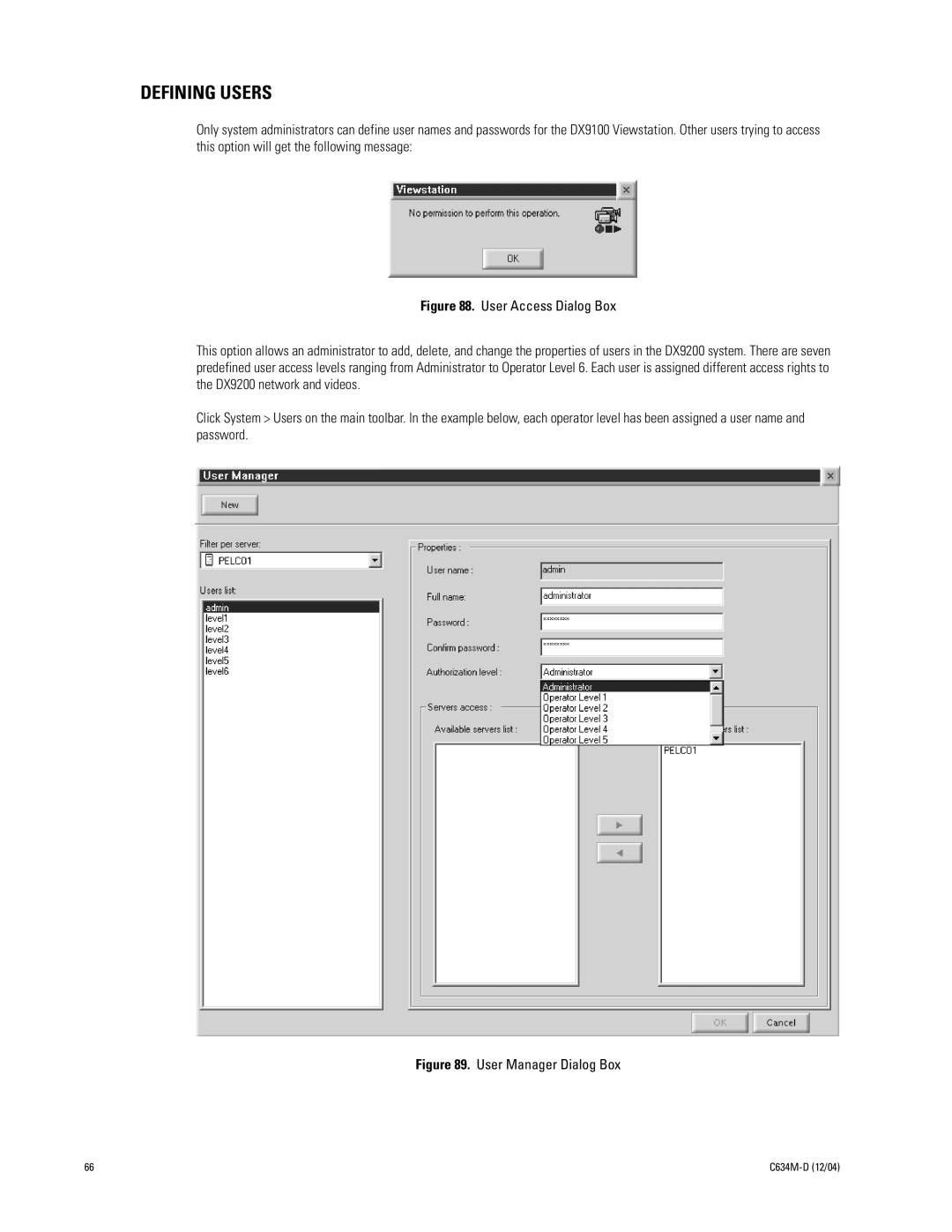 Pelco DX9100 installation manual Defining Users, User Manager Dialog Box 