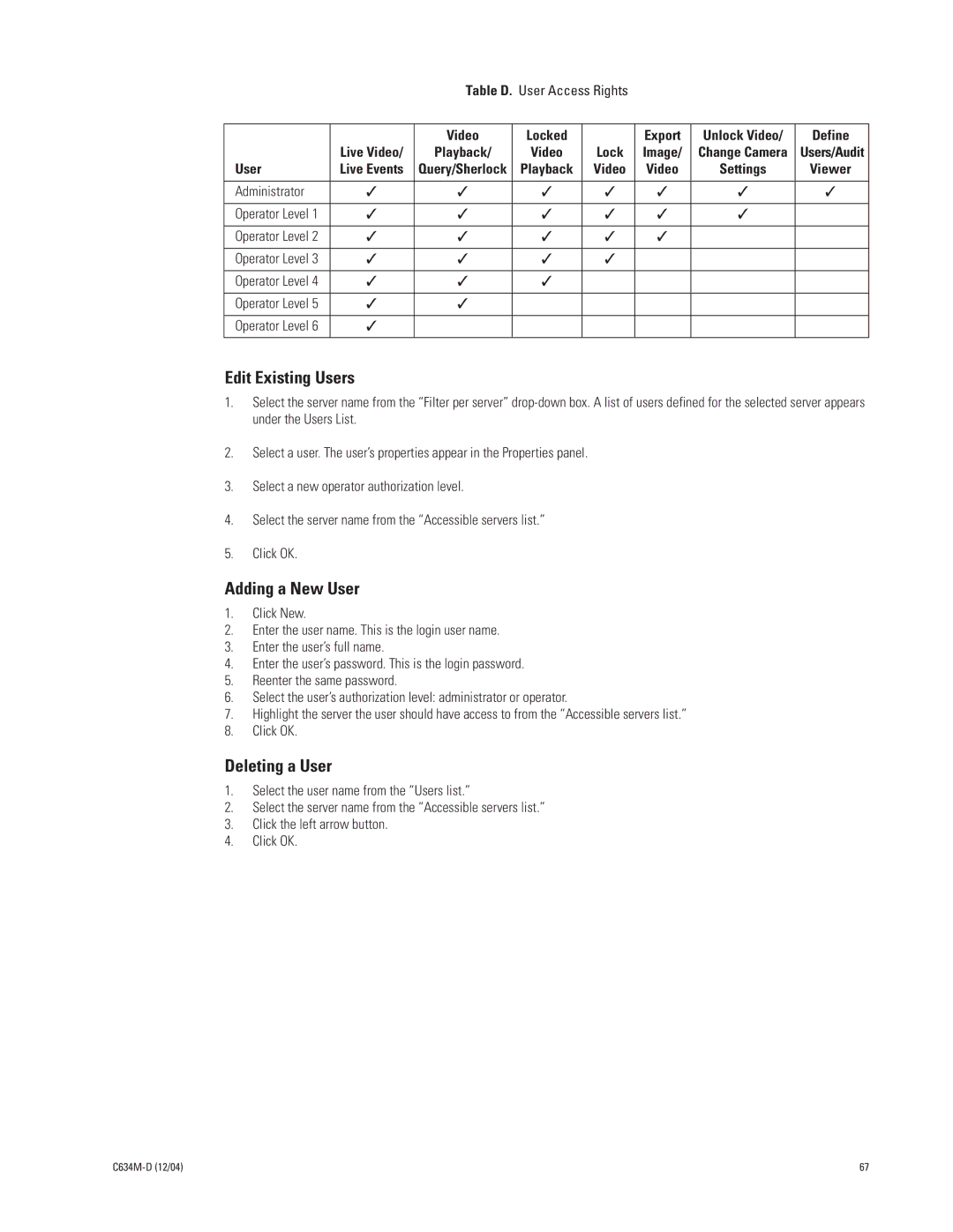 Pelco DX9100 installation manual Edit Existing Users 