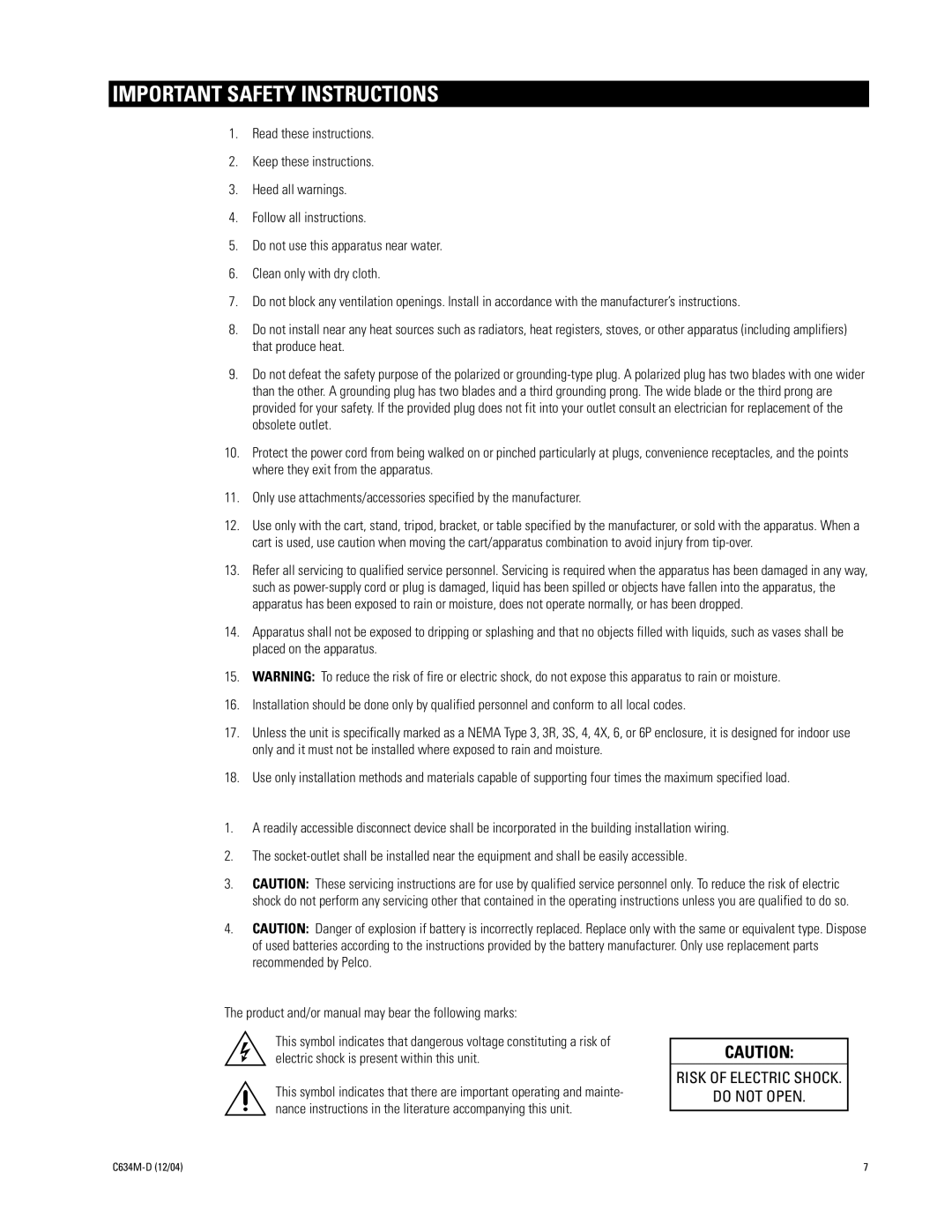 Pelco DX9100 installation manual Important Safety Instructions 