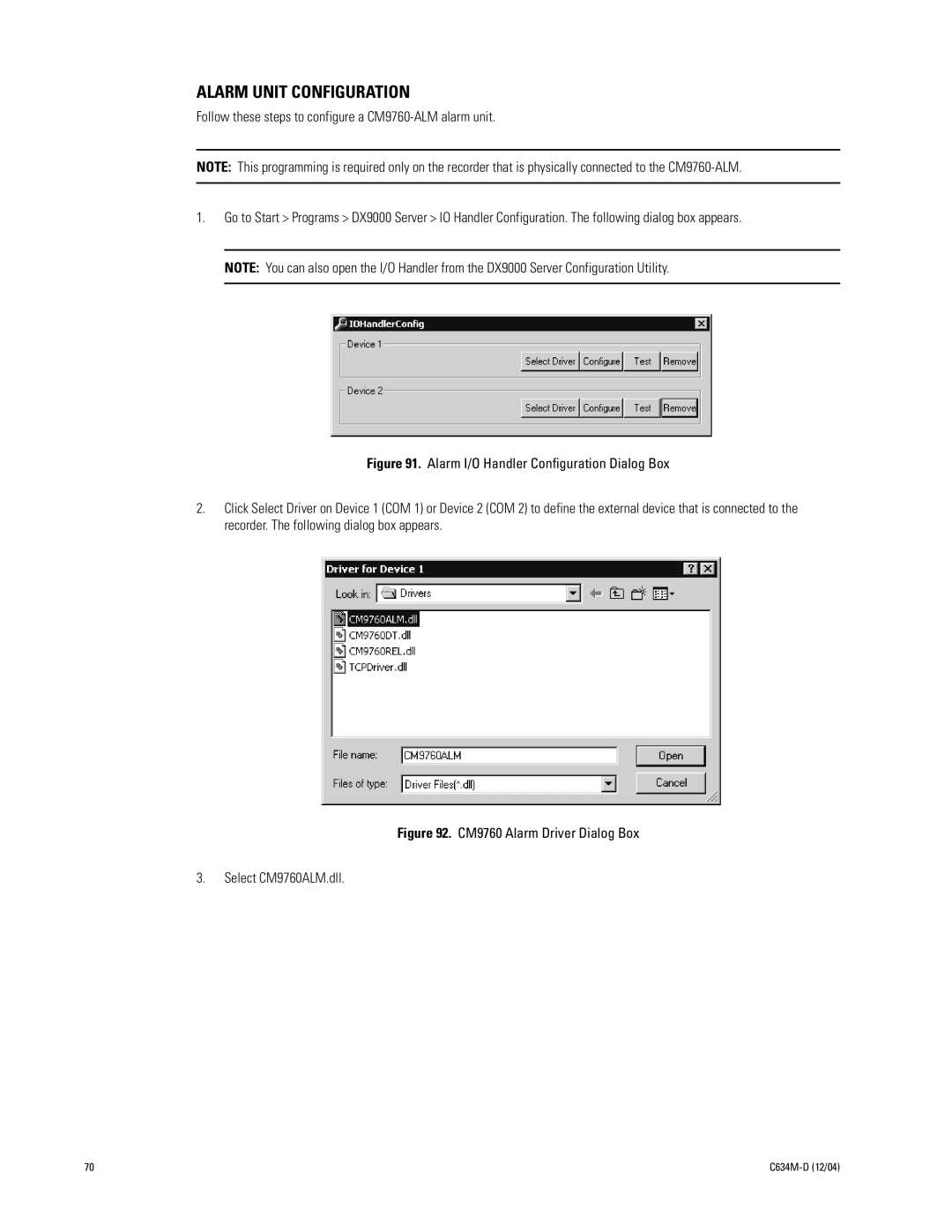 Pelco DX9100 installation manual Alarm Unit Configuration, CM9760 Alarm Driver Dialog Box Select CM9760ALM.dll 