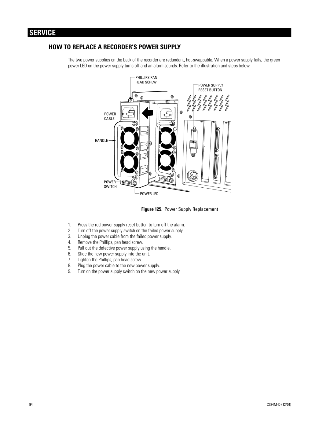 Pelco DX9100 installation manual Service, HOW to Replace a RECORDER’S Power Supply 