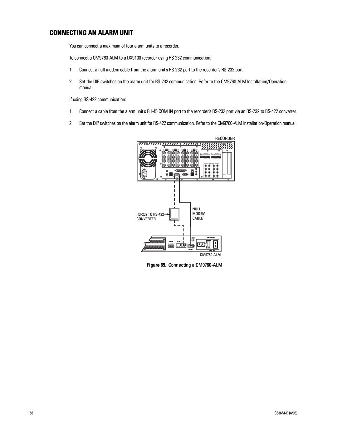 Pelco DX9100 installation manual Connecting An Alarm Unit 