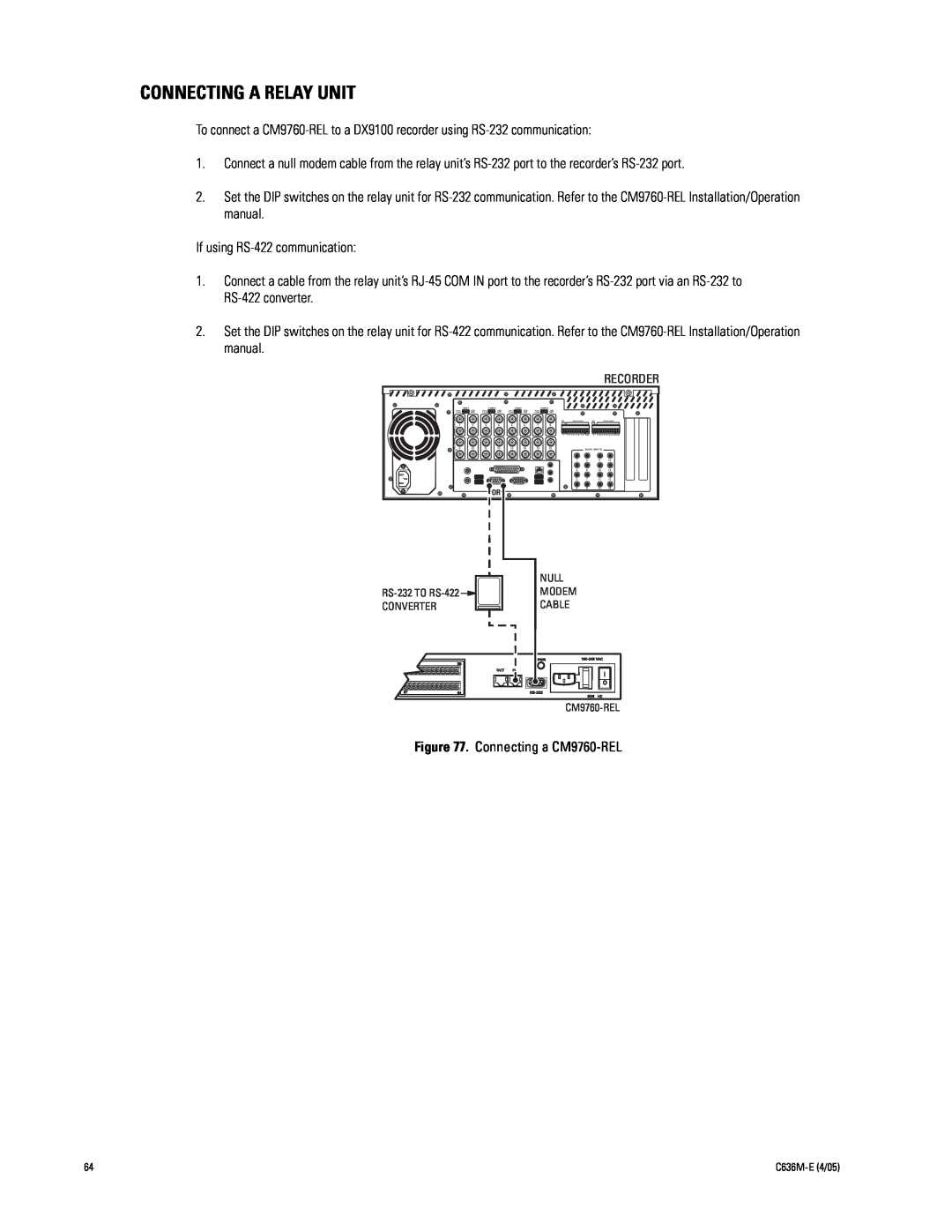Pelco DX9100 installation manual Connecting A Relay Unit 