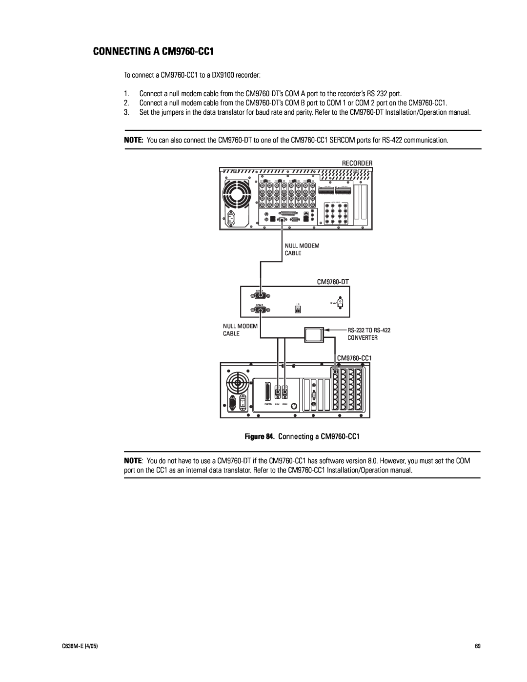Pelco installation manual CONNECTING A CM9760-CC1, To connect a CM9760-CC1 to a DX9100 recorder, Recorder, CM9760-DT 