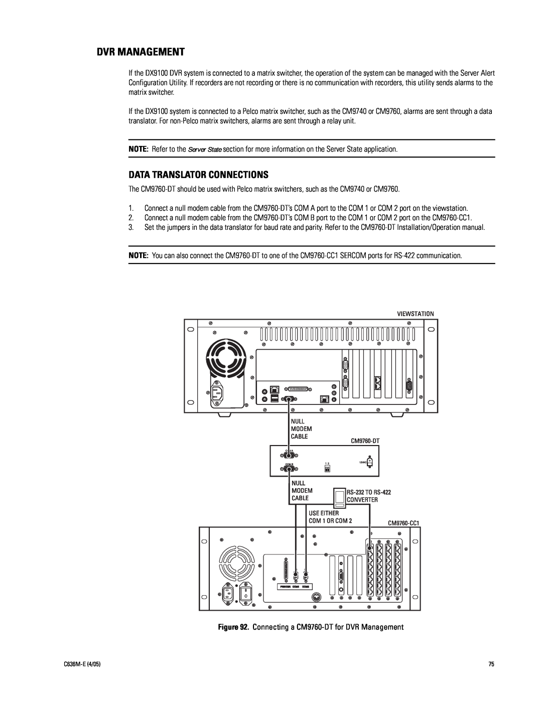 Pelco DX9100 installation manual Dvr Management, Data Translator Connections 