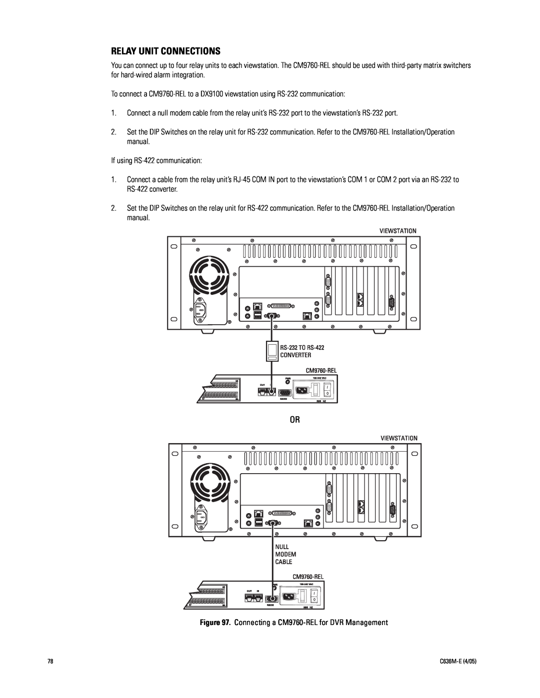 Pelco DX9100 installation manual Relay Unit Connections 
