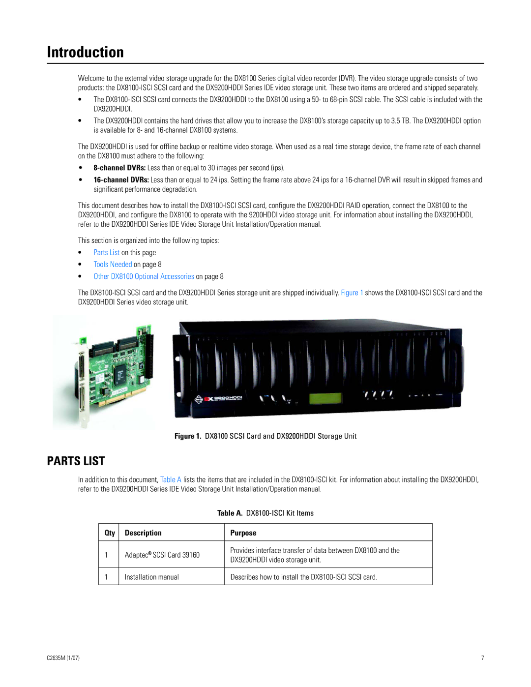 Pelco DX9200HDDI installation manual Introduction, Parts List 