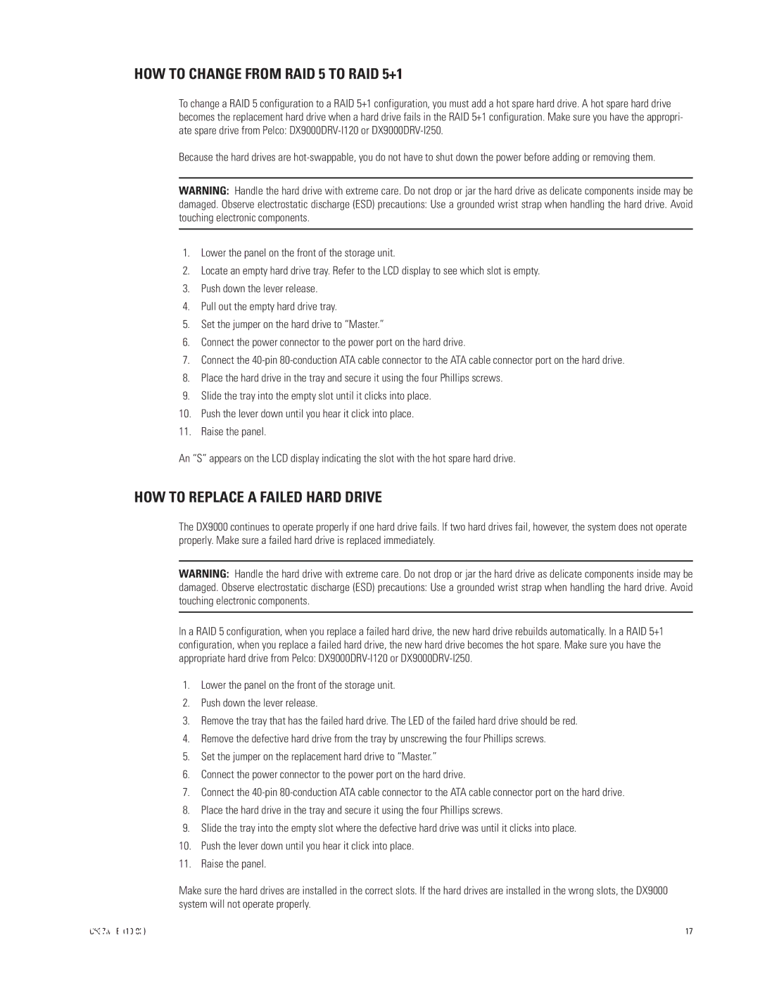 Pelco DX9200HDDI manual HOW to Change from RAID 5 to RAID 5+1, HOW to Replace a Failed Hard Drive 