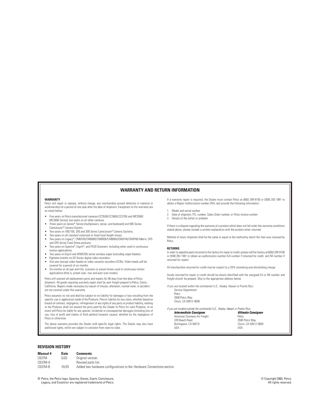 Pelco DX9200HDDI manual Warranty and Return Information 