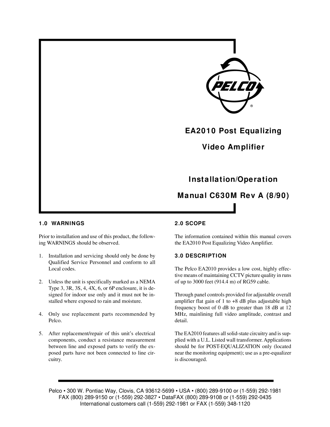 Pelco EA2010 operation manual Scope, Description 