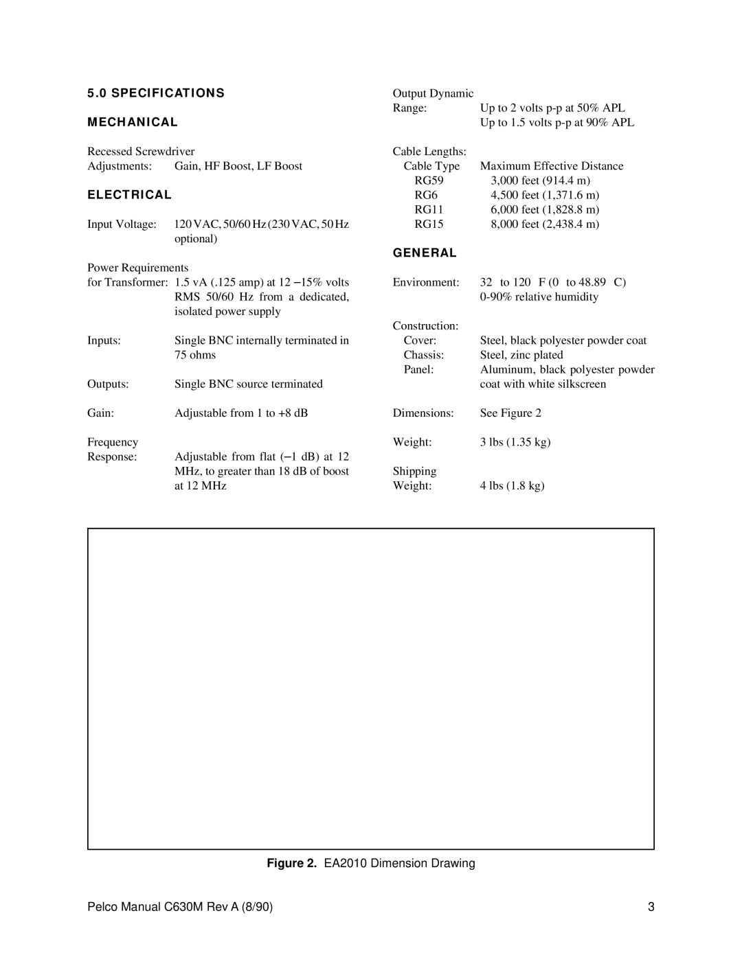 Pelco EA2010 operation manual Specifications Mechanical, Electrical, General 