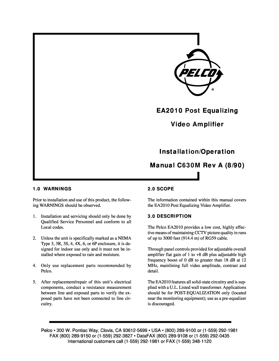 Pelco operation manual Warnings, Scope, Description, EA2010 Post Equalizing, Video Amplifier, Installation/Operation 